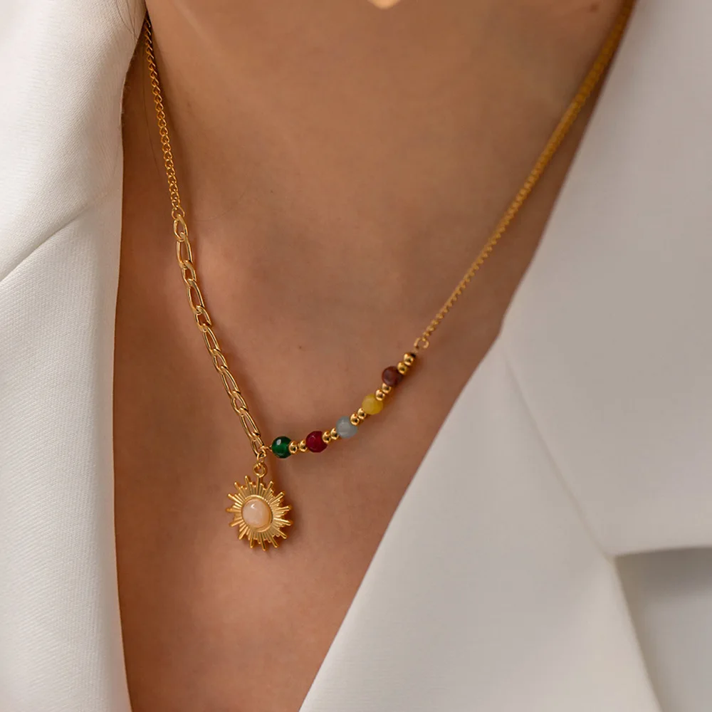 Factory Cheap Price Sun Shape Cat Eye Stone 18K Gold Plated Stainless Steel Jewelry Necklace Waterproof Not Fading Women Pendant