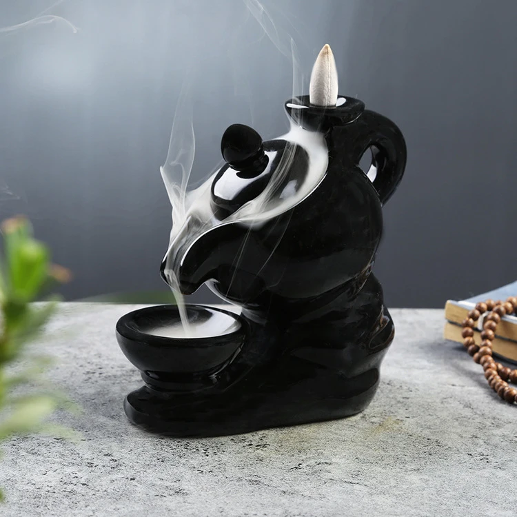 Hot sale ceramic fresh air coffee pot backflow burner, black teapot incense waterfall burner holder wholesale