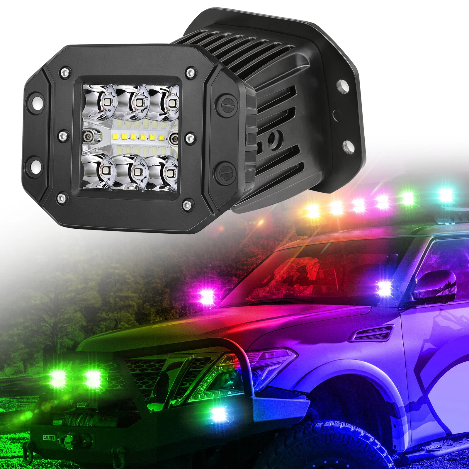 4.8inch RGBW Flush Mount LED Driving Lights Off Road RGB LED Work Light Bar Super Bright Fog Lights for Truck UTV ATV SUV 4X4