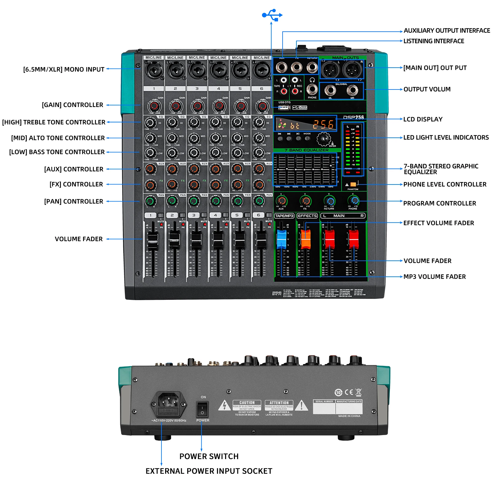 MG6 Professional Digital audio mixer Interface 6 Channels Audio Mixer Console For Stage dj show