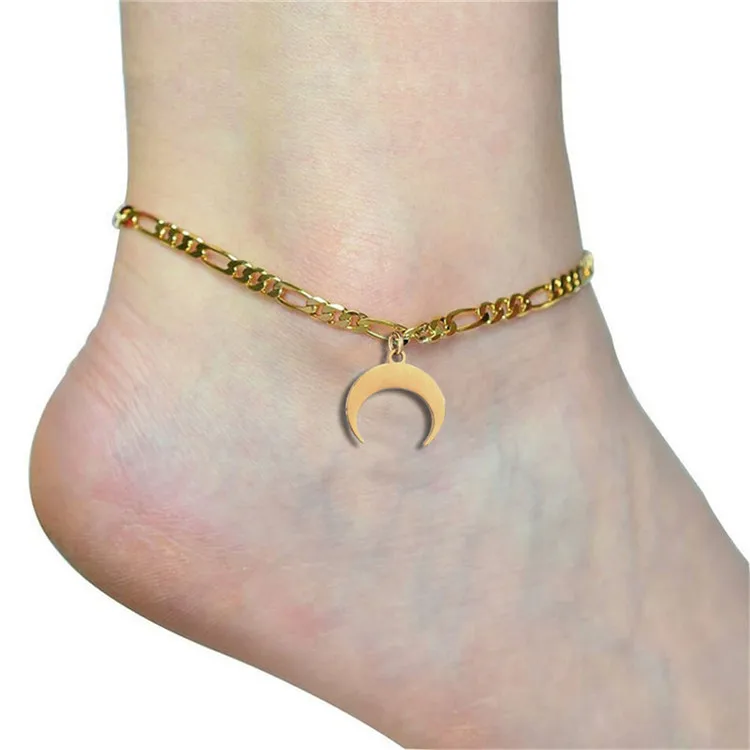 
SP Hot Selling Figaro Cuban Chain Anklet Moon Charm 18K Gold Stainless Steel Anklet 