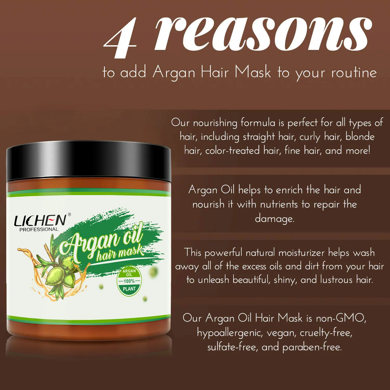 Lichen private label leave in organic vegan smoothing argan hair mask bulk professional hair treatment