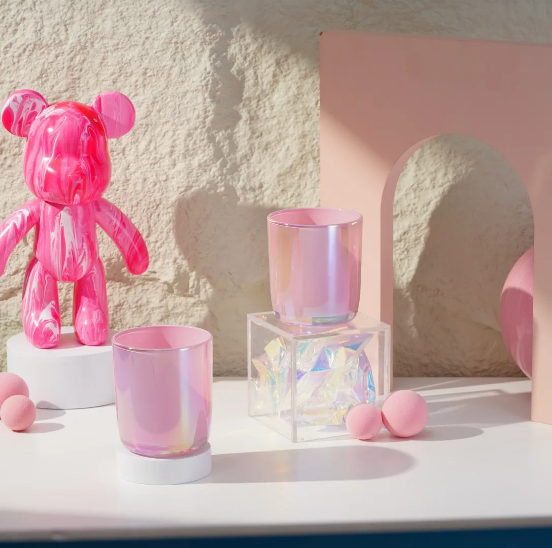 empty big size pink iridescent holographic candle jars 12 oz with box and rose gold lids