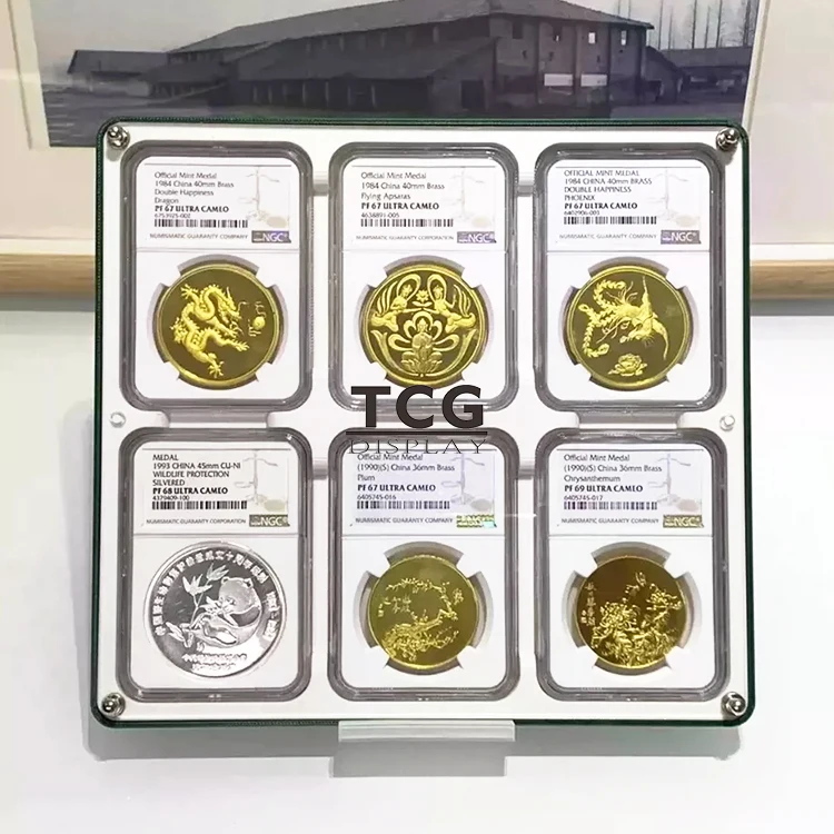 TCG Custom Wholesale Graded Commemorative Coin 6 Slot Holder Acrylic Case For Coin NGC PCGS With Strong Magnets Stand