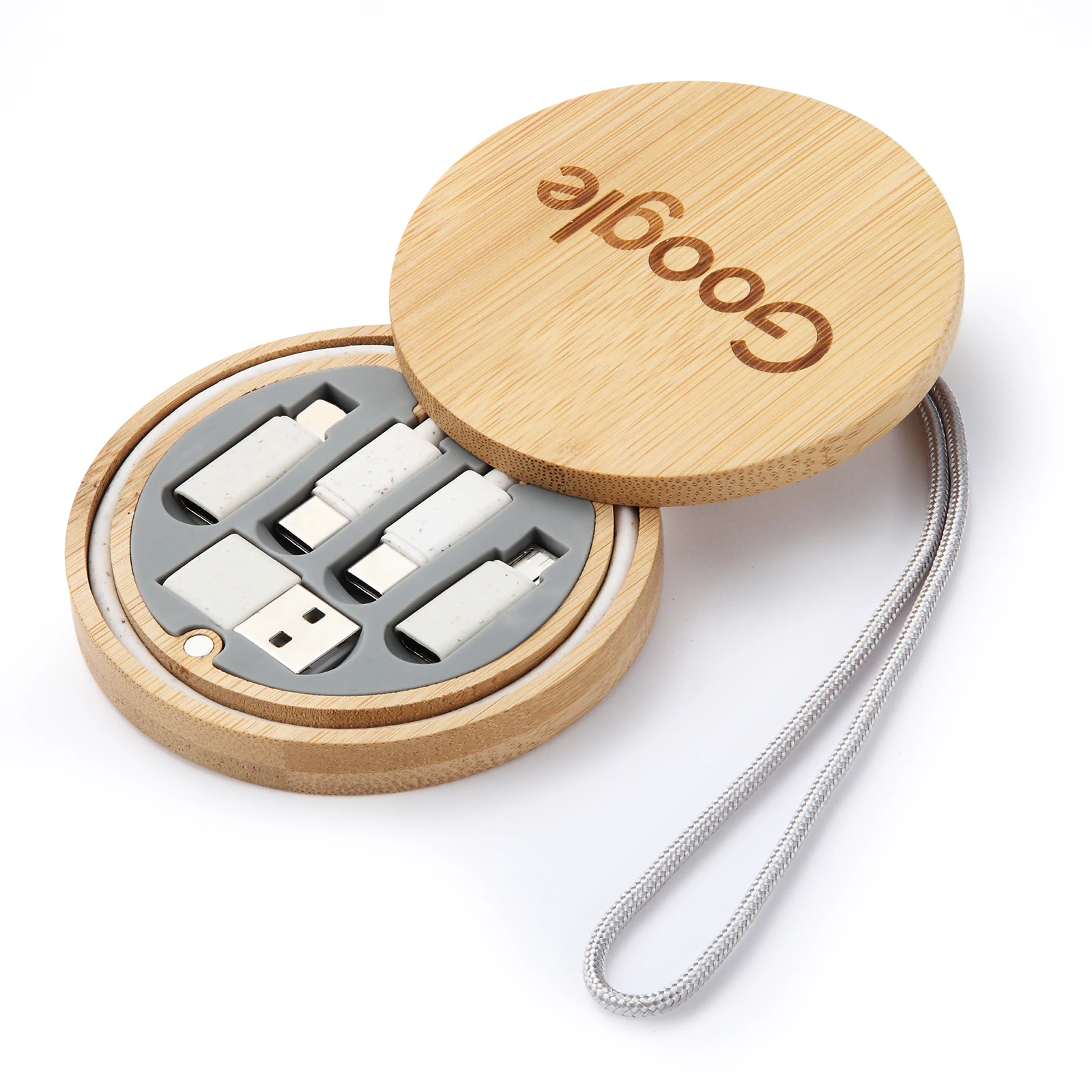 Custom Logo Bamboo USB Cable Gadgets For Promotional Gift Fast Charge Storage Box Mini Phone Charger Data Bamboo Cable Set