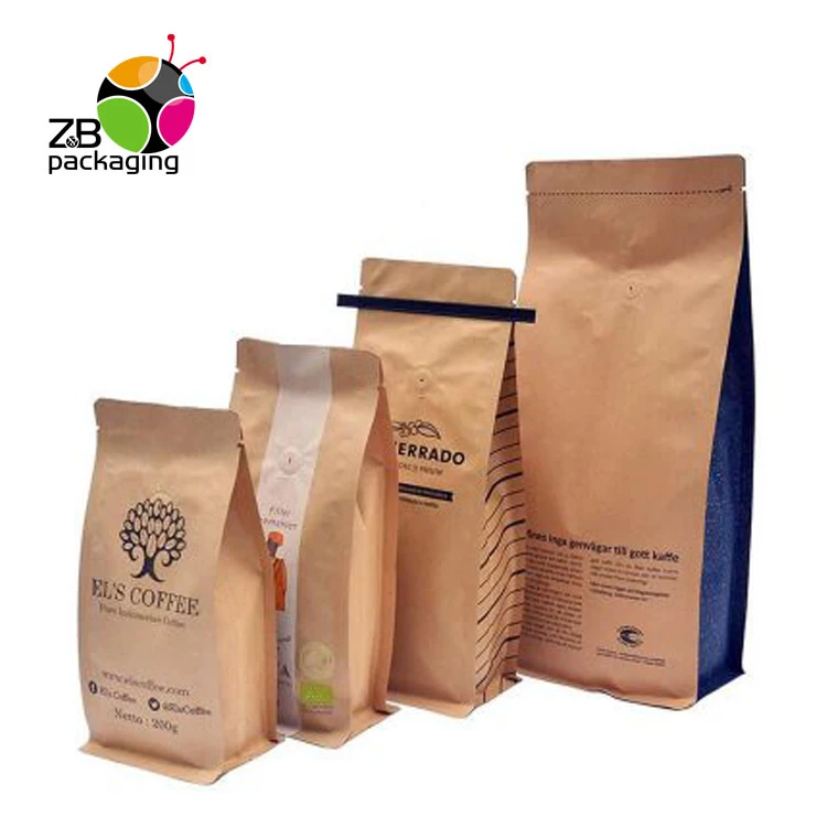 Custom printed kraft compostable empty flat bottom coffee bags with valve and zipper for coffee bean/tea packaging