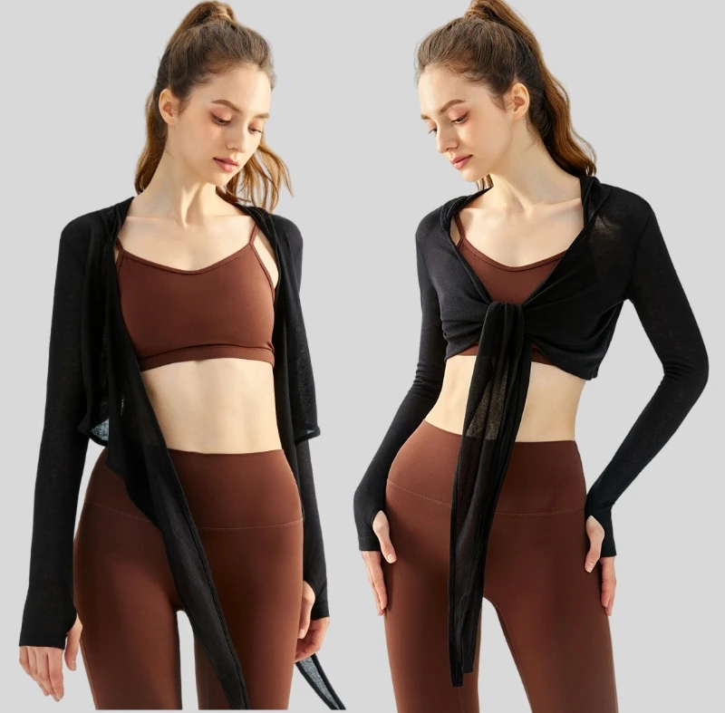 New Style Slim Fit Yoga Clothes Long Sleeves Shirt Women Loose Slim Hooded Shawl Lightweight Breathable
