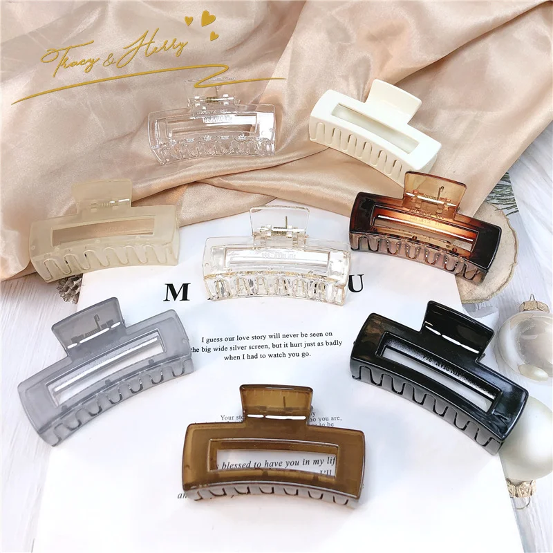 Tracy & Herry New Design Large Square PVC Matte Retro Transparent Large Size Rectangle Hollow Hair Clamp Hair Clips Claw