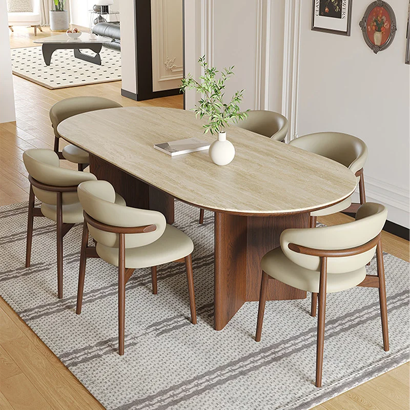 Nordic kitchen furniture French retro oval antique wood dining room table 6 seater walnut restaurant dinner table and chairs set