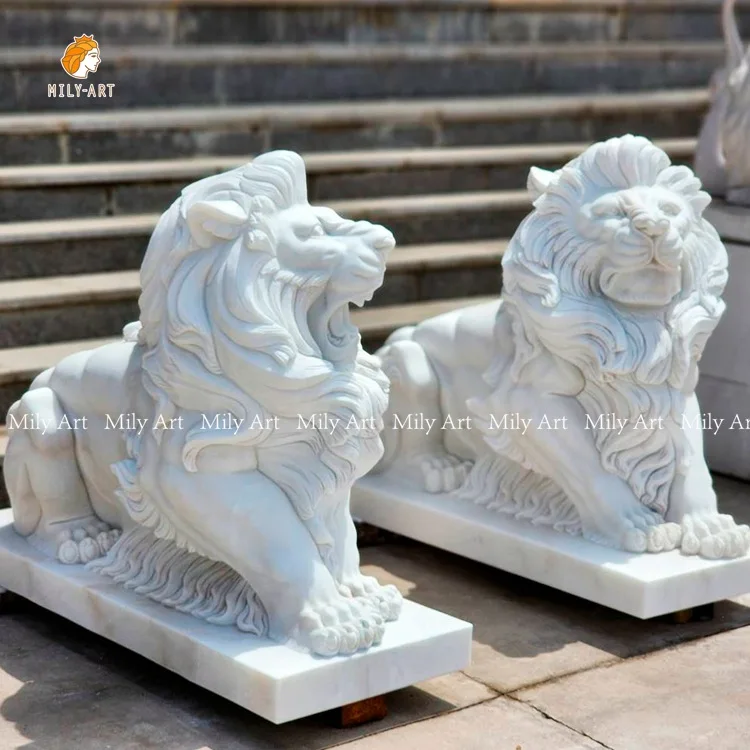 Hand Carved Outdoor Life Size Marble Stone Roaring Lion Statue Sculpture for Sale