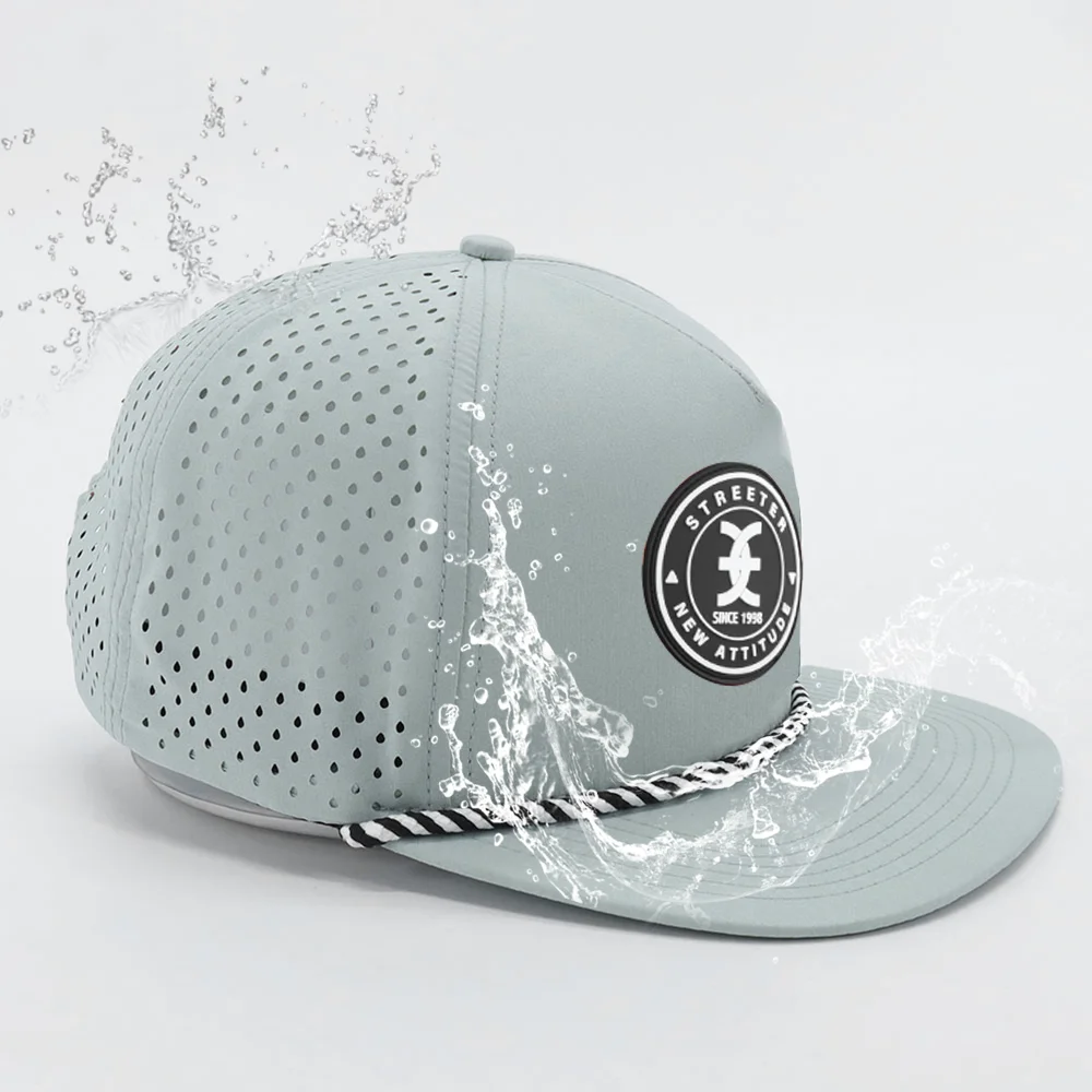 Polyester custom rubber PVC logo waterproof hat custom rope brim golf laser perforated 5 panel performance snapback hat