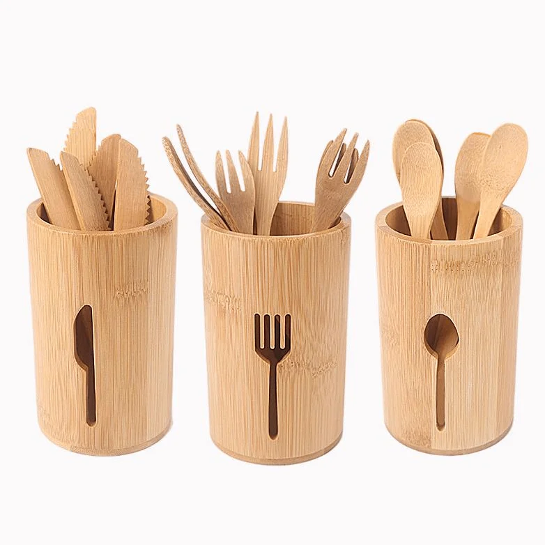 creative knife fork spoon chopsticks holder set bamboo round tableware Storage Rack Organizer with Optional knife fork and spoon (1600576398217)