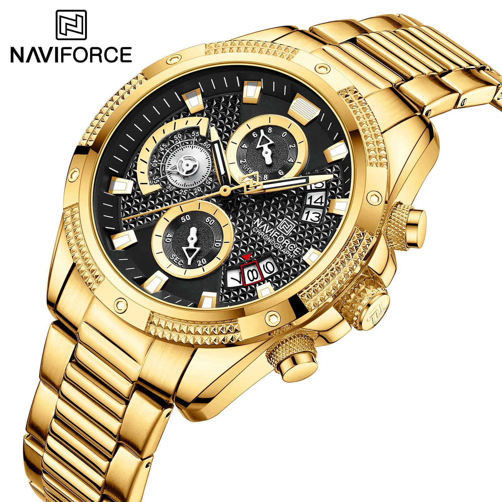 NAVIFORCE Men Watch Sport Man Wristwatch Top Brand Luxury  Chronograph Green Gold Stainless Steel Quartz Male Clock 8021