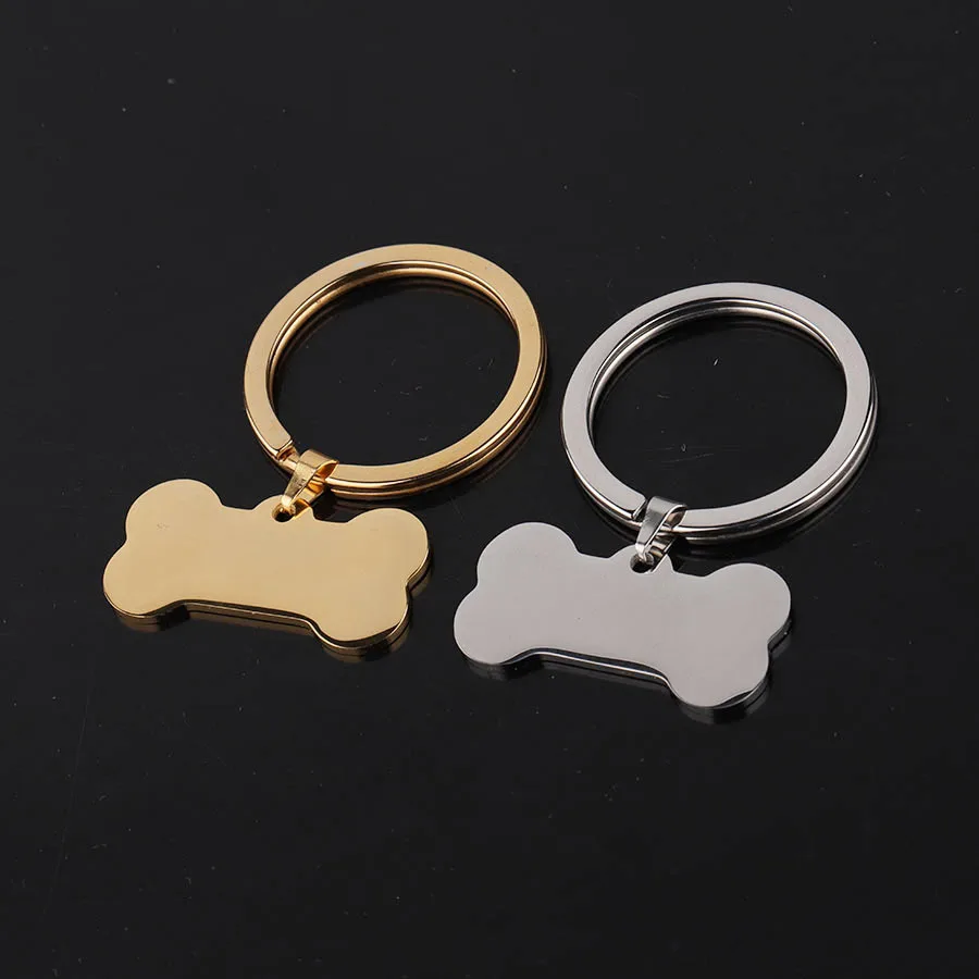 Bone Shaped Blank Metal Tag Keychain Silver Rose Gold Stainless Steel Tag Keychain With Custom Logo Wholesale Bone Dog Keychains