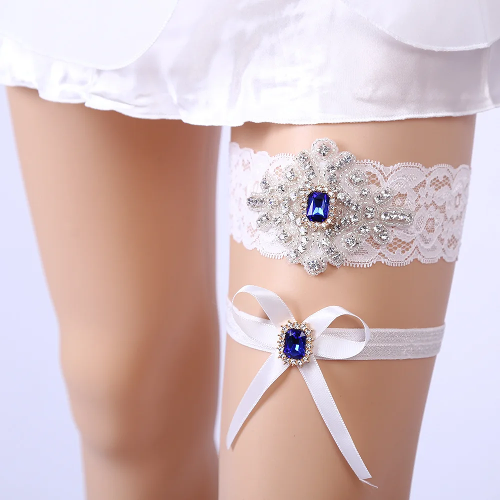 MULHERELFO Lace 2pcs/Set Wedding Garter Blue rhinestones Garters for Women Bride Thigh Ring