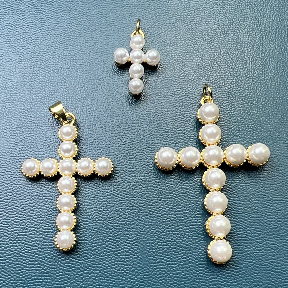 Wholesale Custom Cross Pendants Gold Plated Imitation Pearl Small Charms For Jewelry Making
