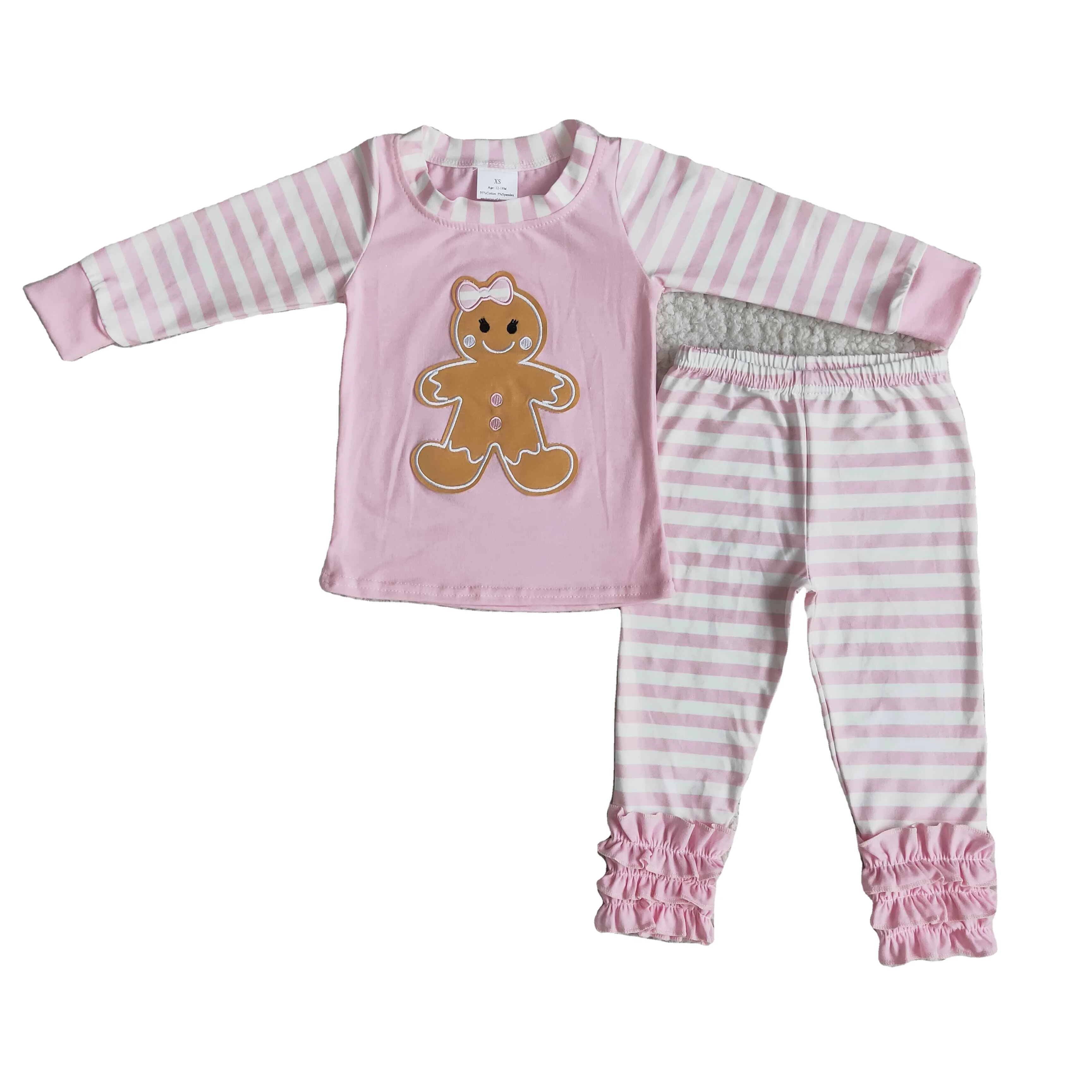 Children Sleepwear Winter Children Wear Gingerbread Pink Pajamas Striped Girl Sets Boutique Kids Boy Festival Family Homewear