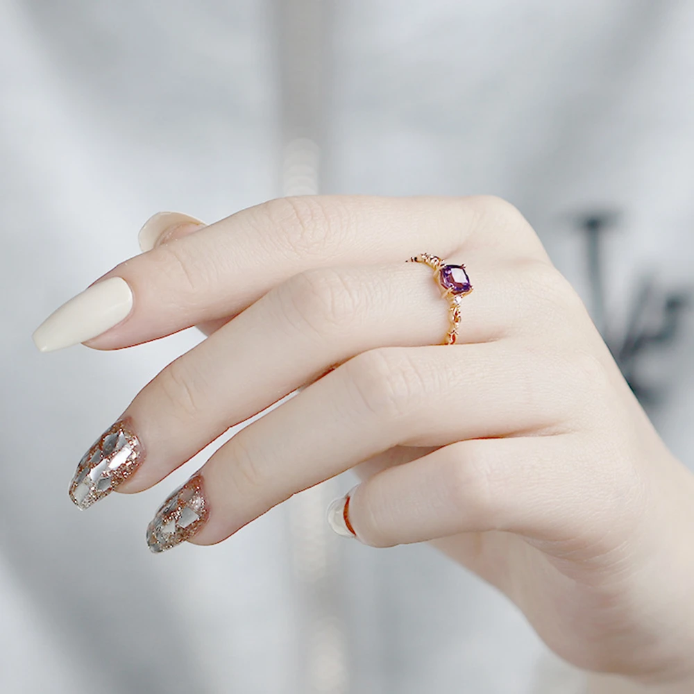 925 Sterling Silver 14K Gold Plated Jewellery Gemstone Series 5Mm Square Stone Amethyst Court Flower Wispy White Zircon Ring