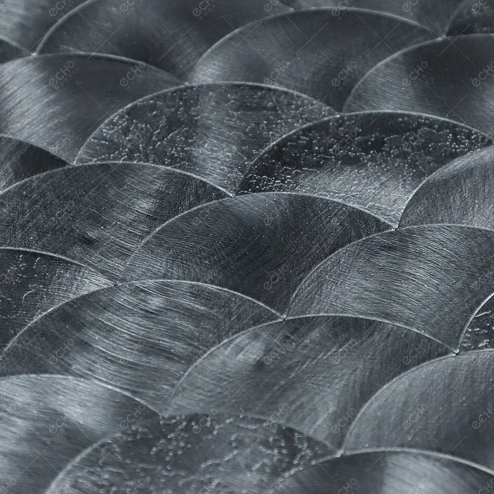Embossed Fish Scale Gunmetal Gray Aluminum Mosaic Peel and Stick Metal Tile Backsplash for Camper Rental House Decoration