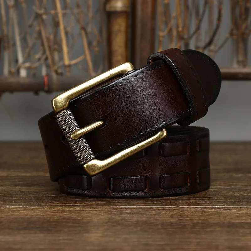 3.8CM wide wash vintage do old trend braided belt Male leather pure cowhide braided copper buckle belt