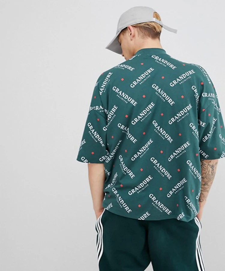 Manufacturer Wholesale custom cotton oversized tshirt men all over text print t-shirt with turtleneck