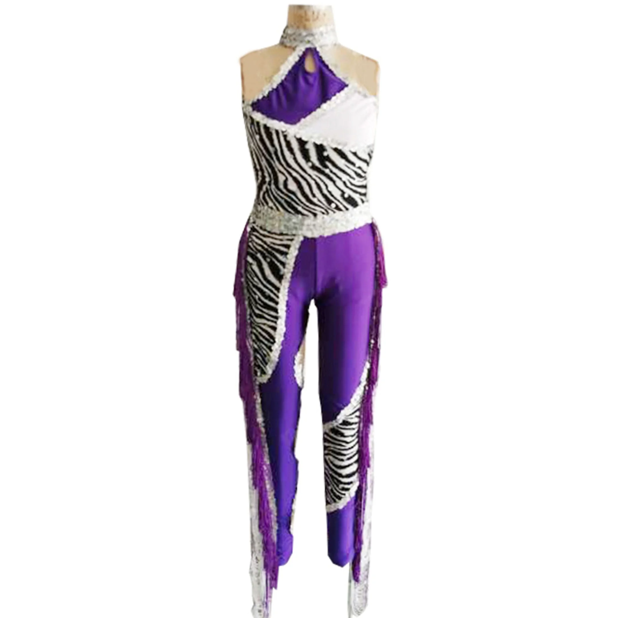 girl jumpsuit zebra printed dance leotard shiny sequin dance unitard lovely tassel stage performance jazz dance wear