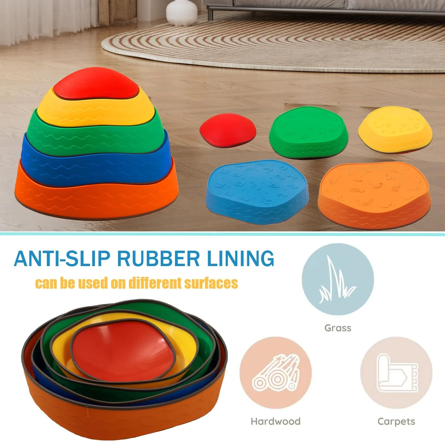 Balance Stepping Stones for Kids 5pcs Non-Slip River Stones,Balance Block Obstacle Course Play Indoor and Outdoor Sensory Toys