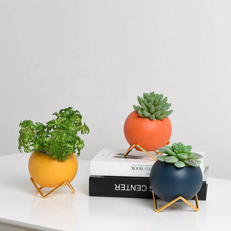 Creative Ceramic Vase Morandi Modern Simple Fleshy Flower Pot Flower Arrangement Green Flower Planter Iron Frame Hydroponic Ball