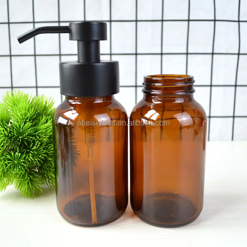 250ml 8oz современные янтарного стекла с пеной дозатор для жидкого мыла бутылка насосом из нержавеющей стали мытья