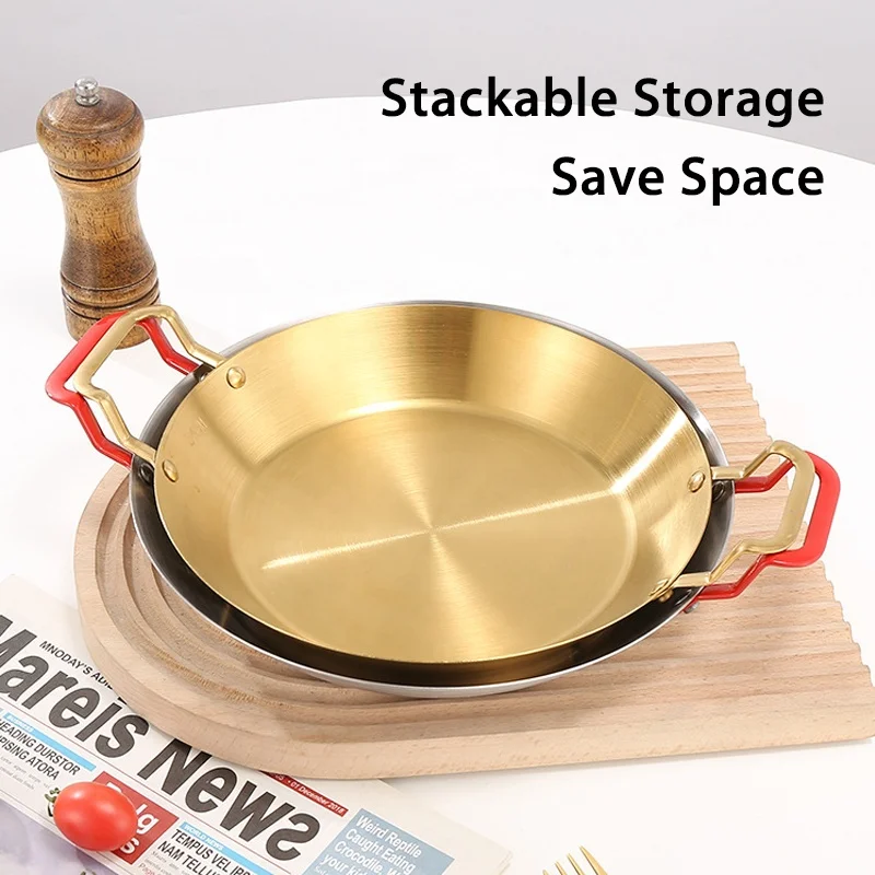 Popular Wholesale Korean Spanish Paella Pan Stainless Steel Restaurant Non Stick Seafood Pot With Double Handle