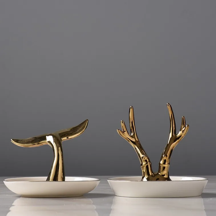 Nordic home decor modern ceramics crafts golden animal storage jewelry tray luxury