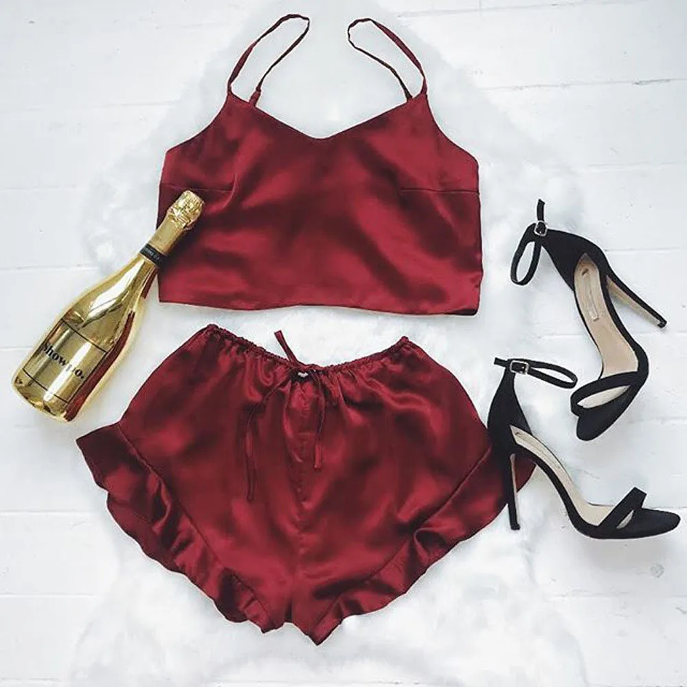 HSZ Z8977 silk two-piece sets girl sleepwear pajamas women ladies shorts vest nightwear nighty wear suits soild color