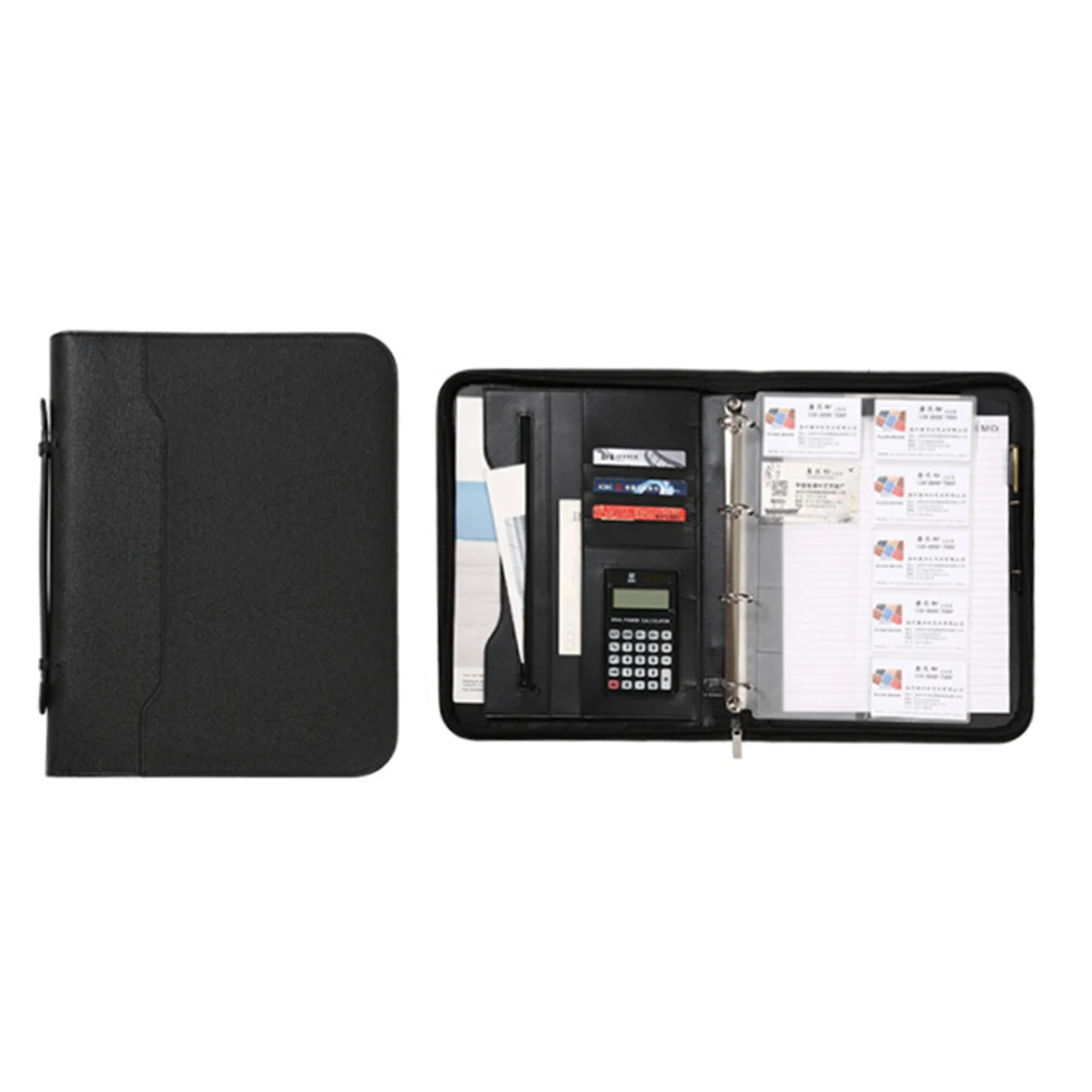 Customized A4 PU leather loose leaf Organizer zipper portfolio 4 Ring Binder file folder LOGO embossed document portfolio