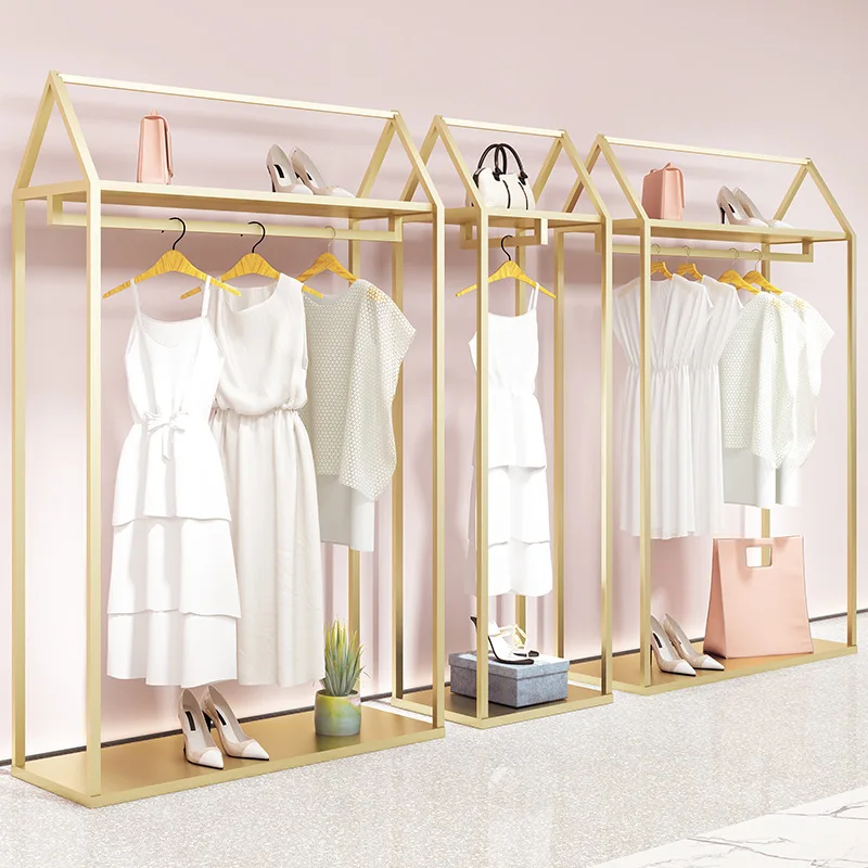 Kainice Shop Furniture Garment Display Women Clothing Shop Interior Design Furniture Designed gold clothing rack