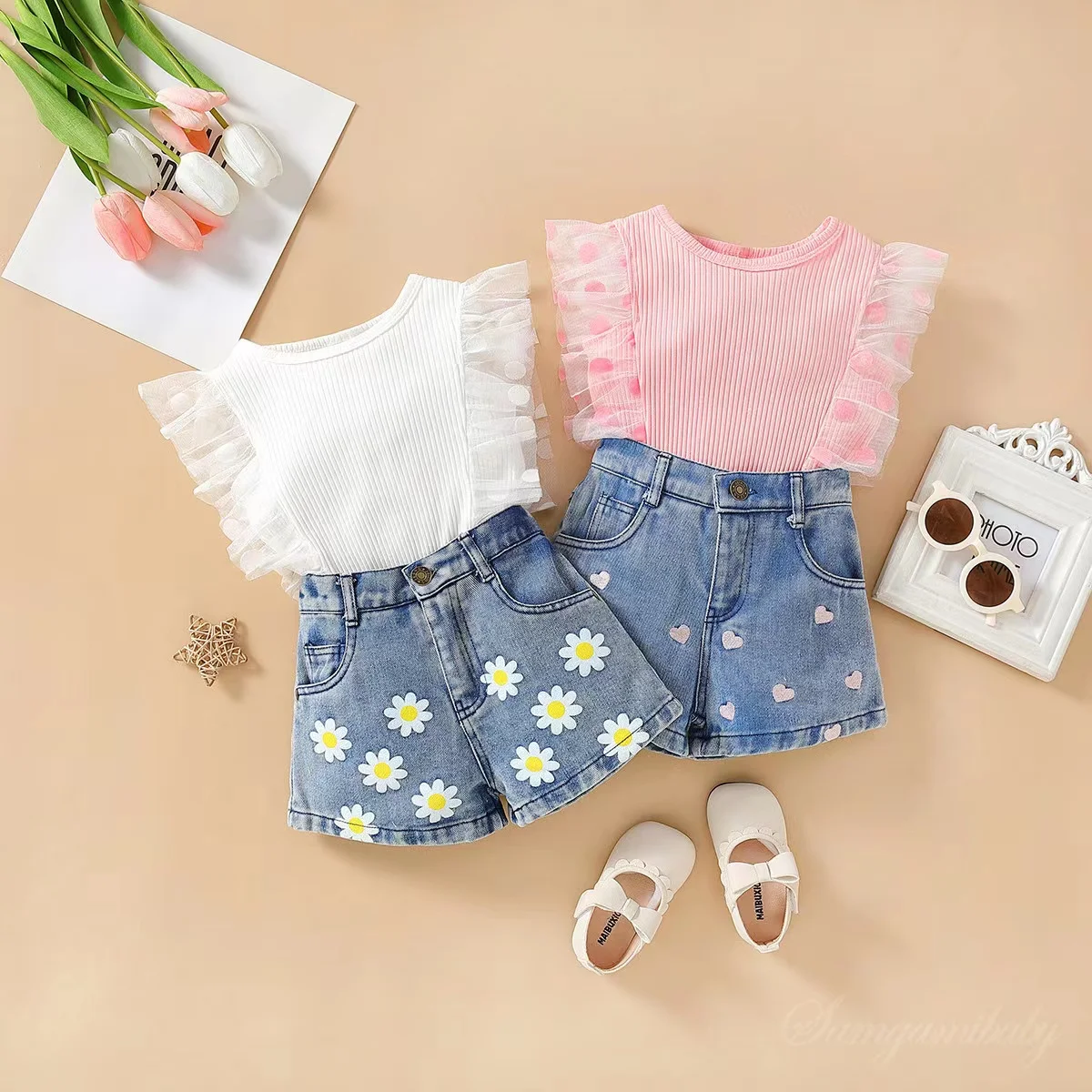 Hot sale Infant Baby Summer Dot Mesh Denim Floral Shorts Sets Clothes
