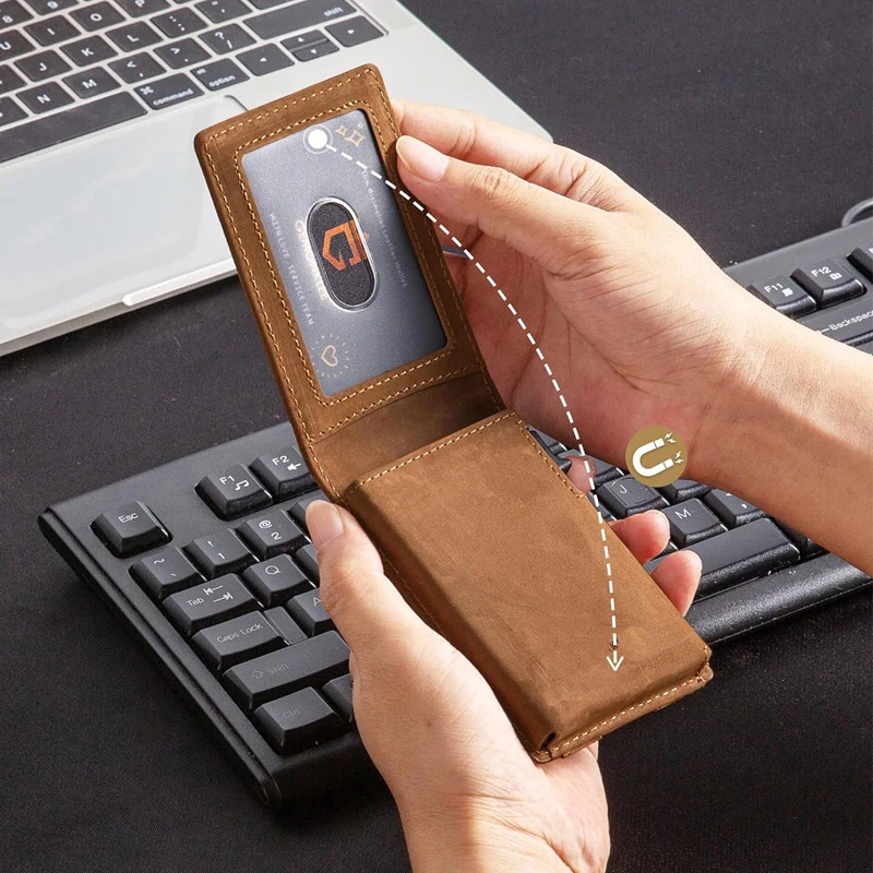 Мужской всплывающий кошелек металлический и кожаный rfid-блокирующий
