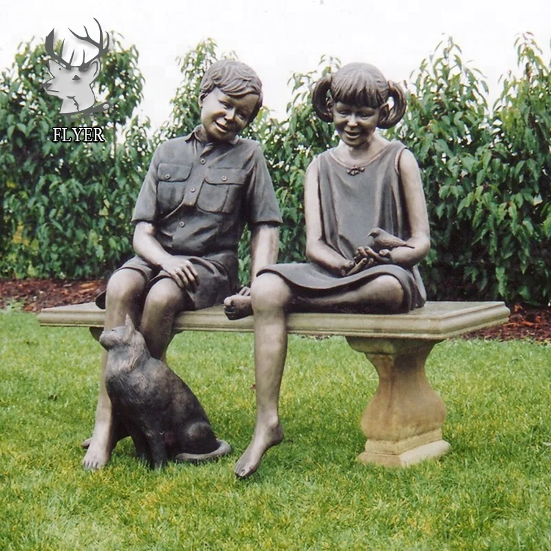 Direct selling bronze garden statues decorations metal craft children bronze children on bench statue