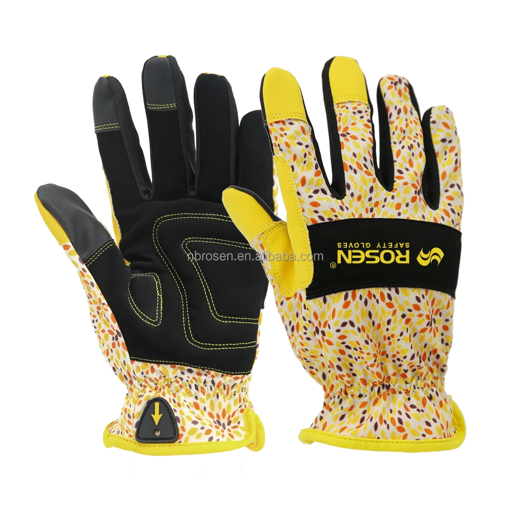 Breathable Touch Screen Spandex Nubuck Leather Palm Flower Printed Ladies Planting Gardening Working Gloves for Women