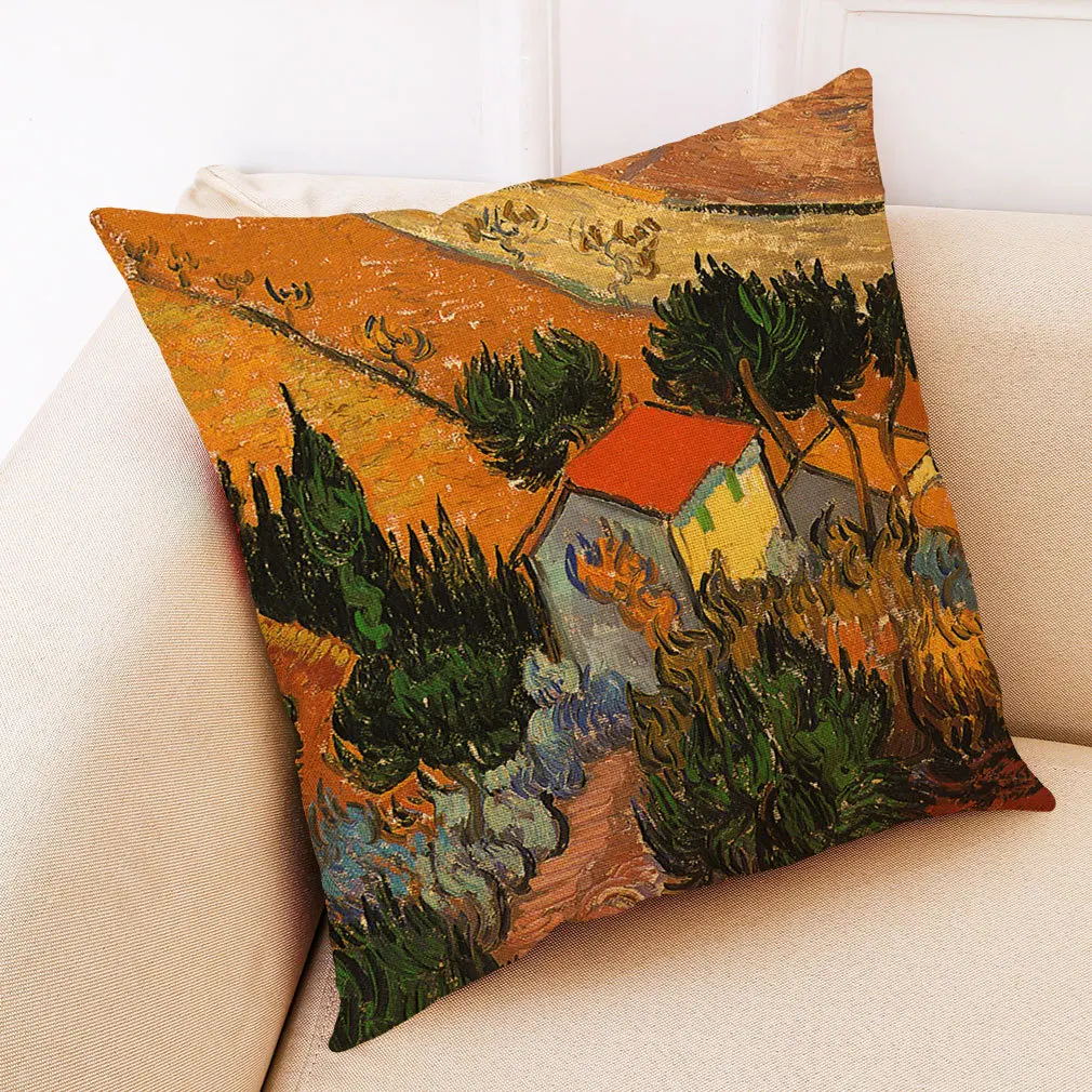 Customized Artistic European Style Oil Painting Pattern Pillow Cover Printing Linen Throw Cushion Cover