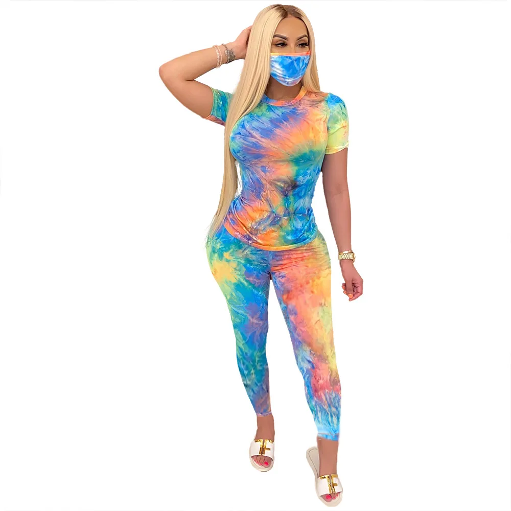 
2021 summer two piece pants set tracksuit Women Sportswear Tie die t shirt 2 Piece Sets casual stylish print fabric 