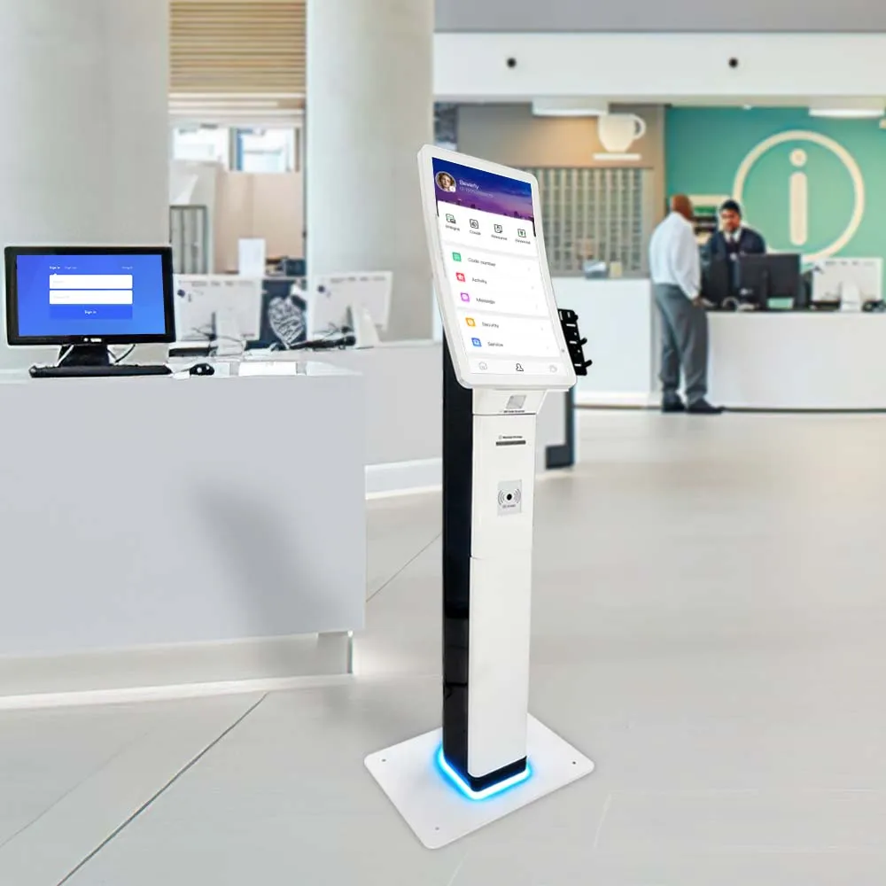 queue system 23.6' slim colomn curved screen kiosk with qr scanner pos holder payment terminal queue kiosk for bank