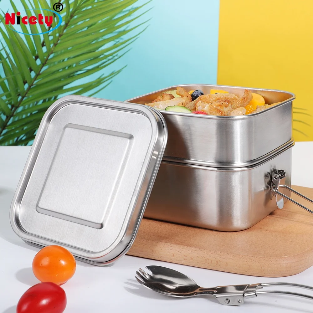 Square Lunch Box With Stainless Steel Complete Meal Prep 2 Layer Bento Box For Adult Leakproof Food Containers For Kids