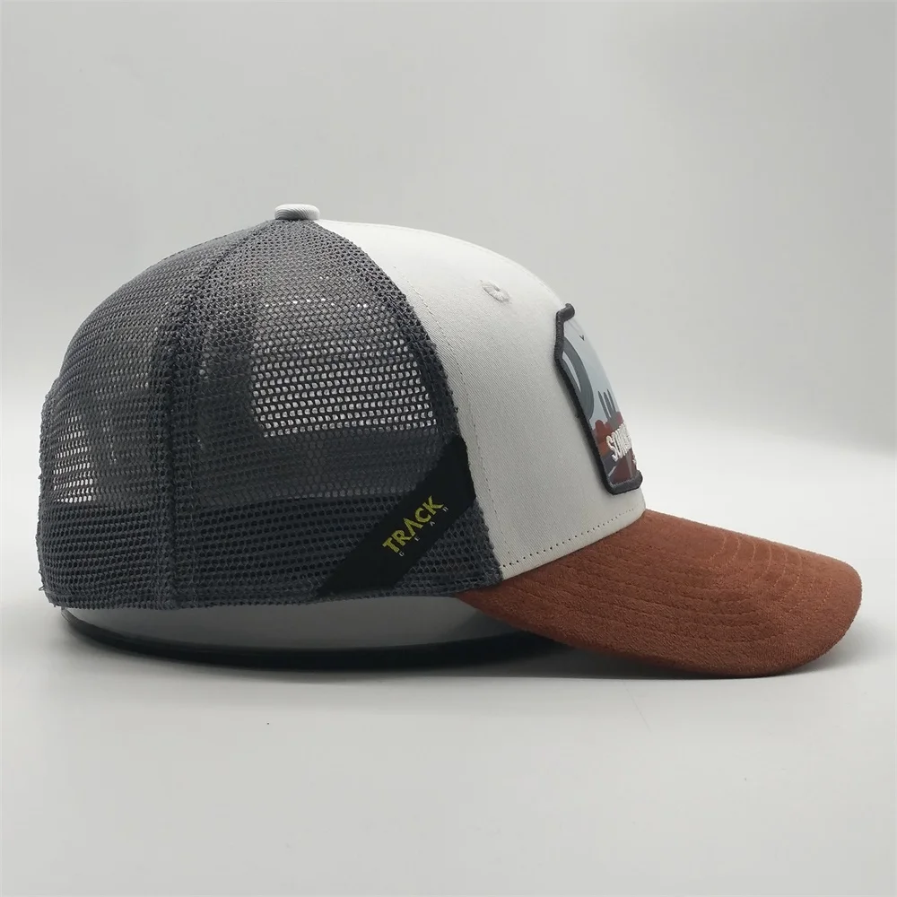 High Quality Mens Printed Embroidery Patch Suede 6 Panel Structured Mesh Trucker Hat Custom