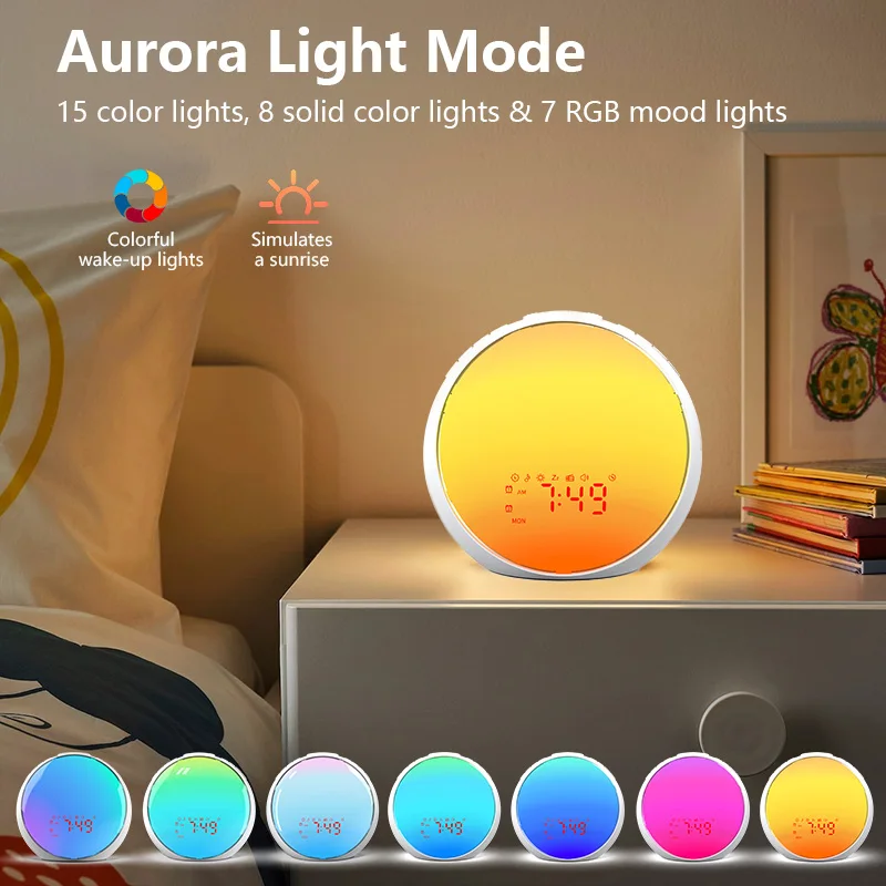 Household Dual Alarms Fm Radio Snooze Nightlight Daylight 7 Colors Wake Up Light Sunrise Wake Up Light Alarm