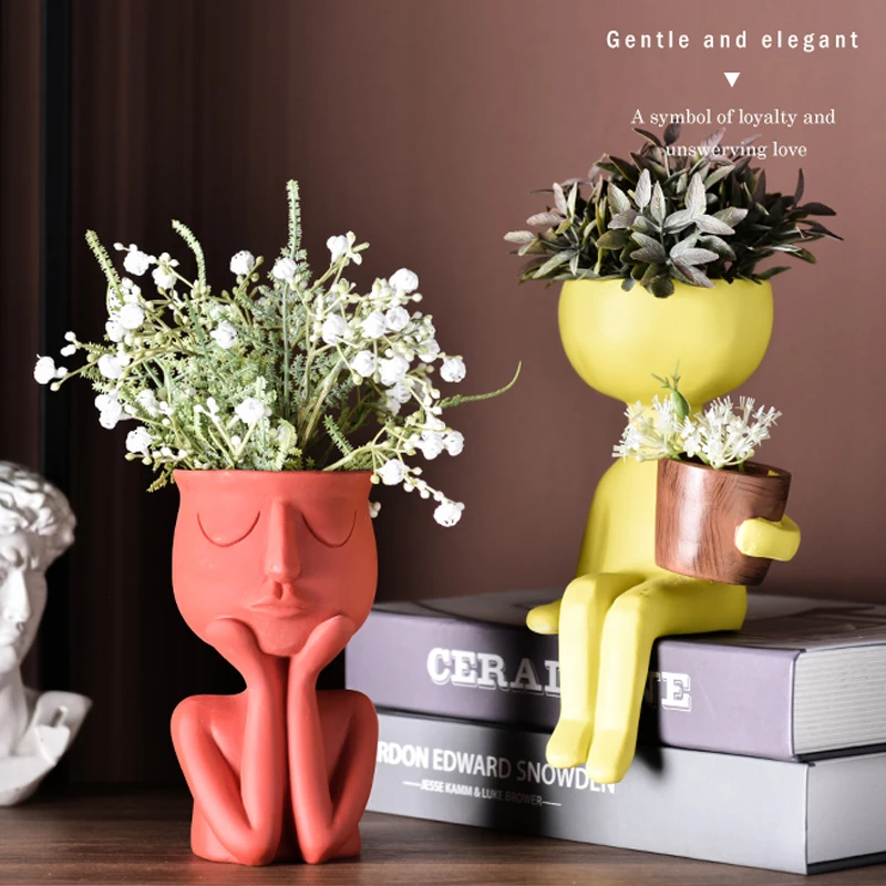 Modern home decoration resin crafts green plants potted figures sculpture vase ornaments