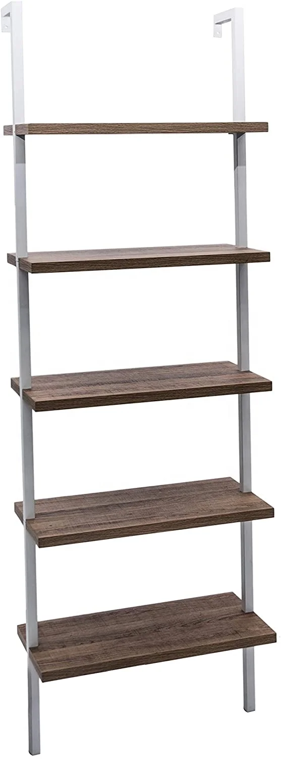5 Tier Black Modern Bookcase Open Wall Mount Ladder Bookshelf with Industrial Metal Frame