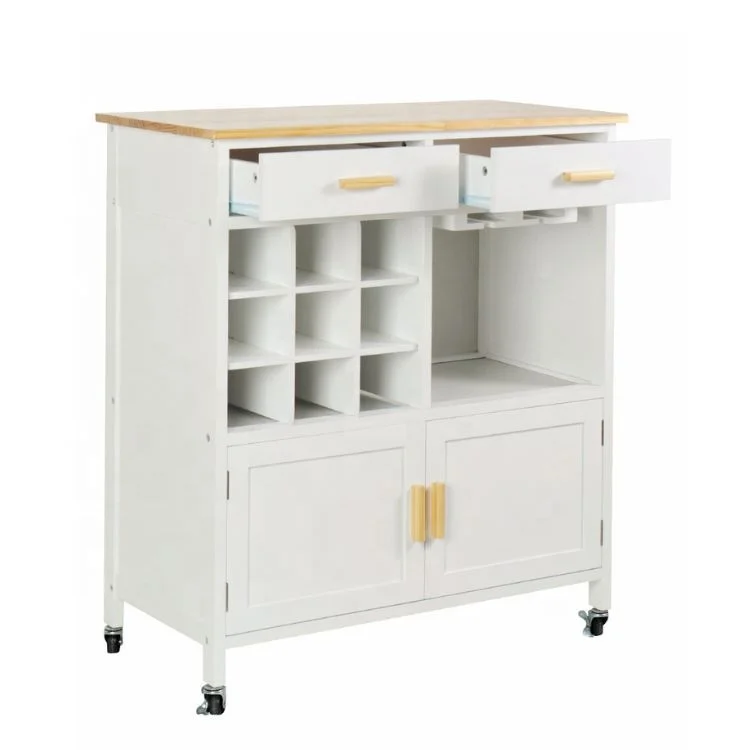 Modern Wood Top Mobile Kitchen Island, Rolling Kitchen Trolley Cart on Wheels with Wine Racks and Storage Drawer Cabinet