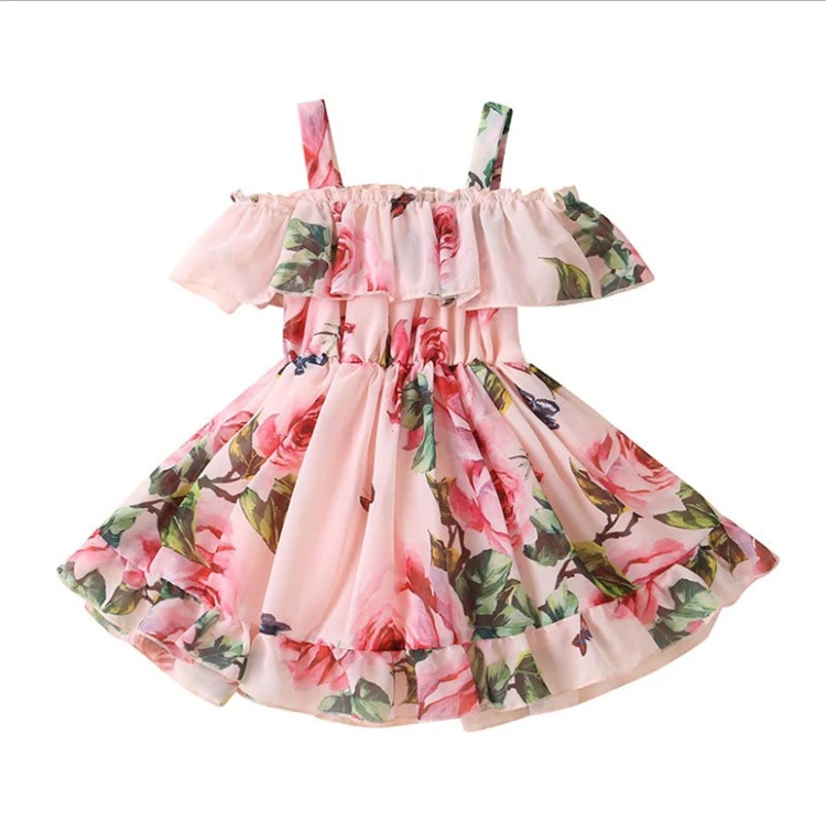 New Baby Girl Clothes Floral Printed Chiffon Children Strap Toddler Girls Dresses Summer 2021 Casual Princess Teenage Kids Dress