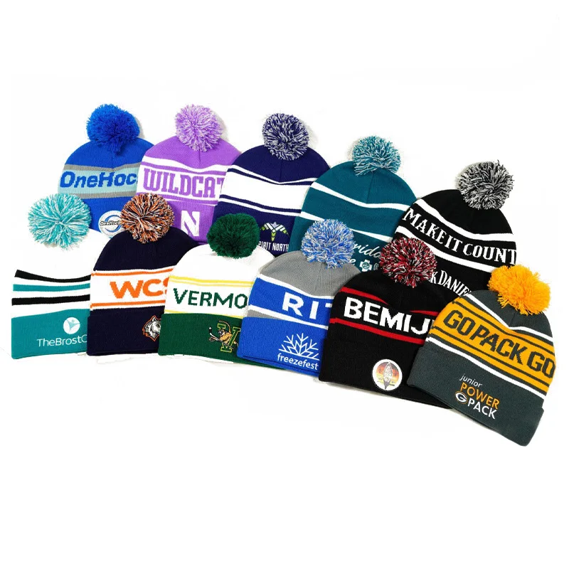 Hot winter warm Custom acrylic Knitted jacquard embroidery patch logo Toques Pom Pom Knit bobble Beanie Hat for men women