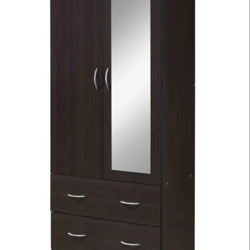 Sunrise 2 Door Wood Wardrobe Bedroom Closet with Clothing Rod inside Cabinet, 2 Drawers for Storage and Mirror, Chocolate